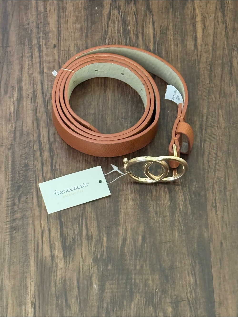 Francesca's Collections Cognac Leather Belt with Gold Double Ring Buckle